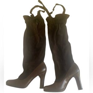 Vintage Y2K Brown Suede Leather Tall Boots Slouch Ties Size 38.5